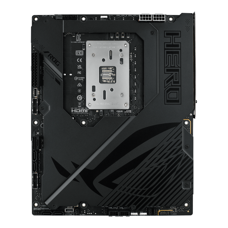 High-performance black ROG Hero motherboard showcasing advanced circuits and design.