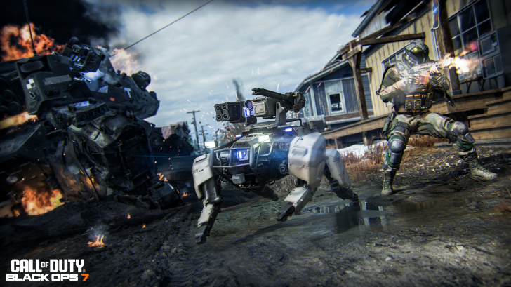 Futuristic soldier and robot dog in intense battle scene, Call of Duty Black Ops 7 gameplay.