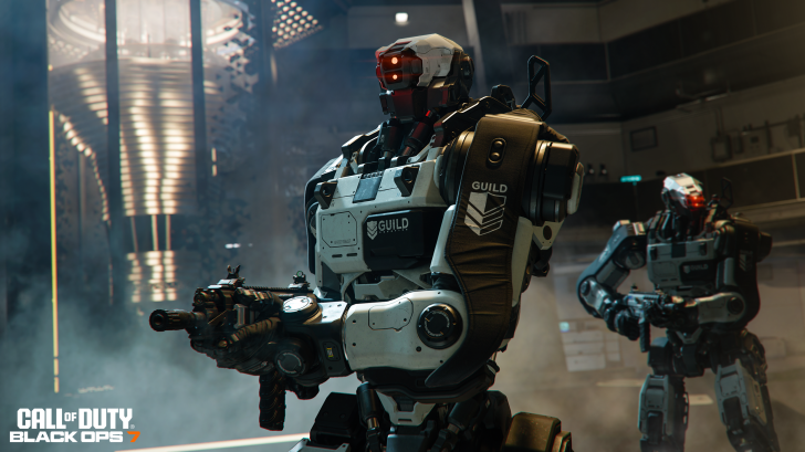 Futuristic robots in a sci-fi setting with advanced weaponry, from Call of Duty: Black Ops 7 game.