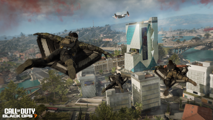 Three characters wingsuit flying over a cityscape in Call of Duty: Black Ops 7 game scene
