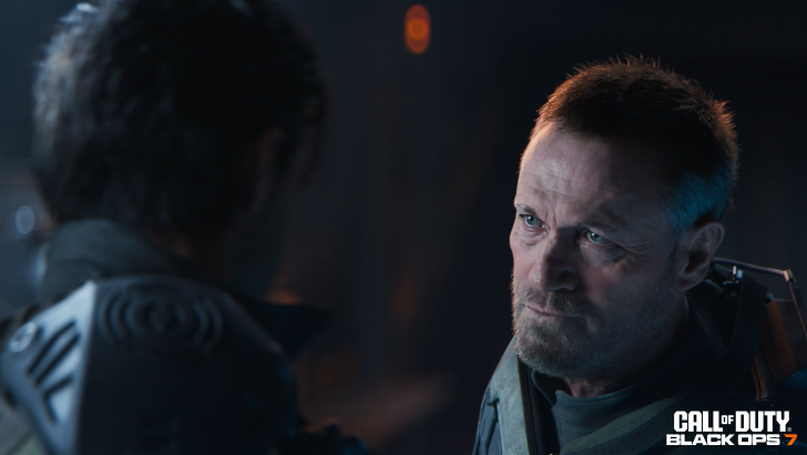 A focused character in intense discussion, Call of Duty: Black Ops 7 gaming scene.