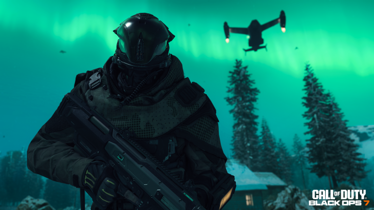 Futuristic soldier in winter forest under aurora, helicopter in sky, Call of Duty: Black Ops 7 scene.