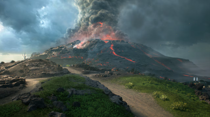 Volcano erupting with vibrant lava flow and smoke under dramatic sky. Wildlife thrives in the foreground.