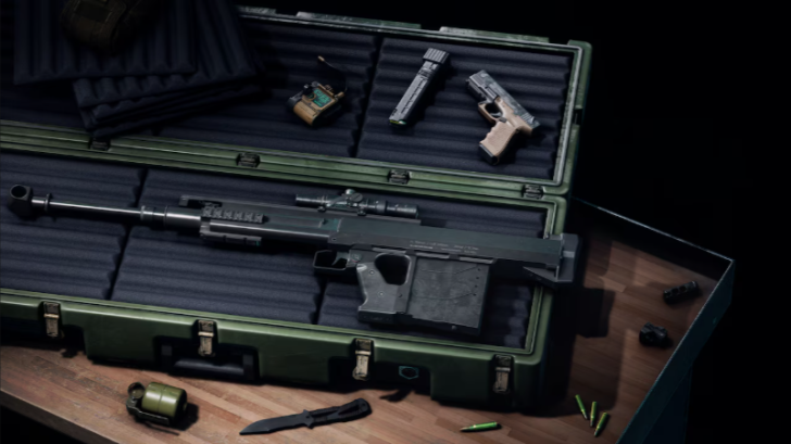 Tactical rifle and gear in a hard case, displayed with pistols, knife, and accessories on a wooden table.