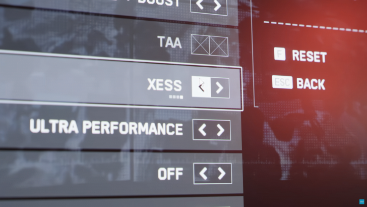 Gaming graphics settings menu with XESS highlighted for ultra performance optimization.