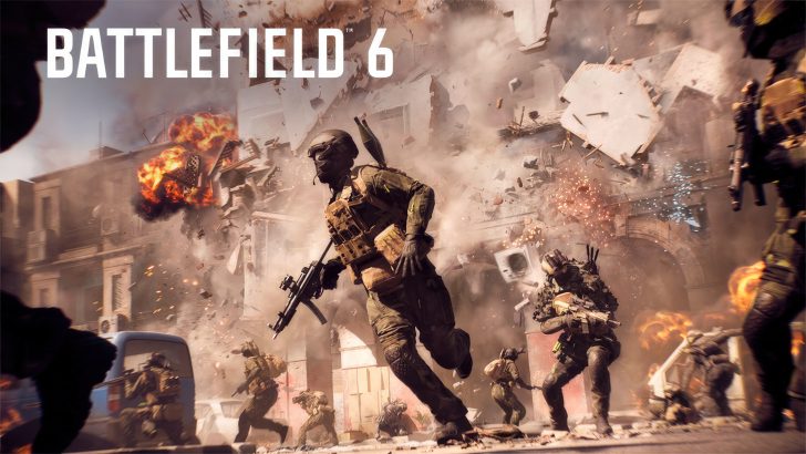 Soldiers in intense urban firefight, explosions and debris in Battlefield 6 game scene.