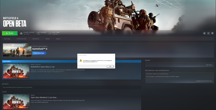 Battlefield 6 open beta screen with SecureBoot warning popup message.