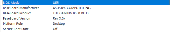 BIOS info: ASUS TUF Gaming B550-Plus, UEFI mode, desktop platform, secure boot off.