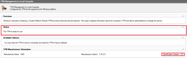 TPM management interface showing TPM status as ready for use, version 2.0 specification.