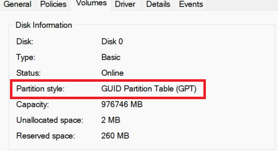 Disk information showing a GUID Partition Table (GPT) with available and reserved space details.