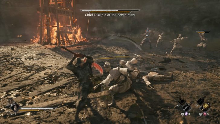 A character battles Chief Disciple of the Seven Stars in a fiery game scene.