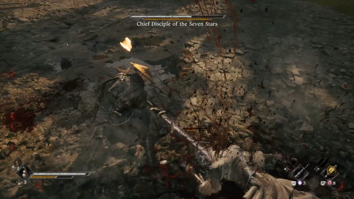 A character fights Chief Disciple of the Seven Stars in a video game action scene.