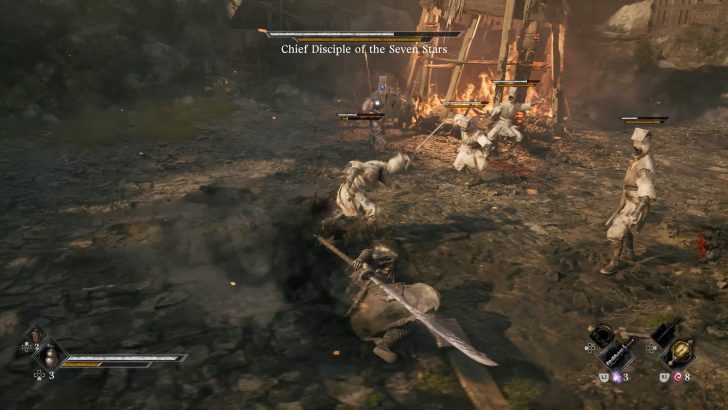 Chief Disciple of the Seven Stars title above a battle scene in a video game on a dirt field.