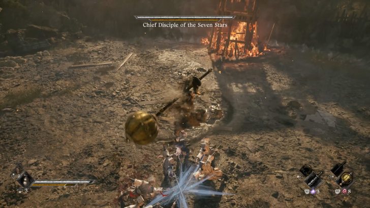 A battle scene in a video game with Chief Disciple of the Seven Stars text and fiery background.
