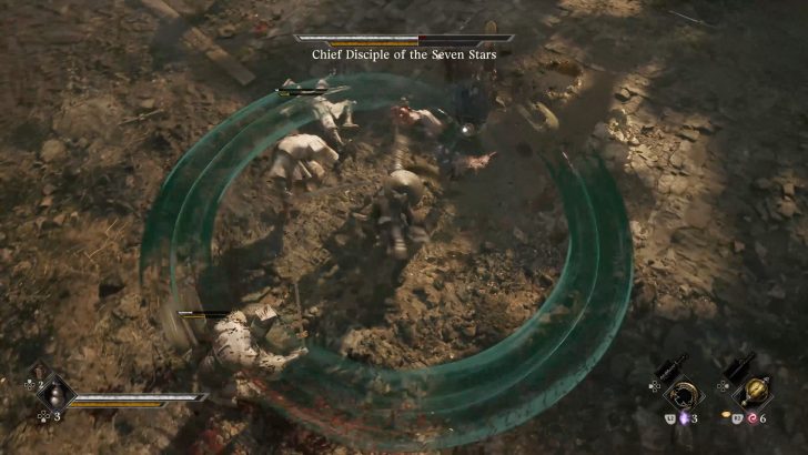 Chief Disciple of the Seven Stars is on screen during a combat scene in a video game.