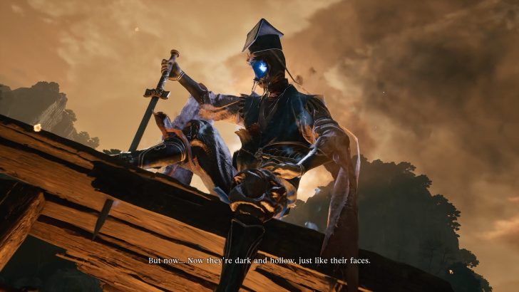 A warrior with glowing eyes holds a sword on a rooftop at sunset, with the text But now... Now they're dark and hollow, just like their faces.