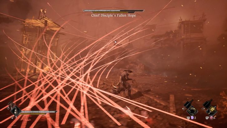 Chief Disciple's Fallen Hope on-screen text during a video game battle scene with red energy beams.