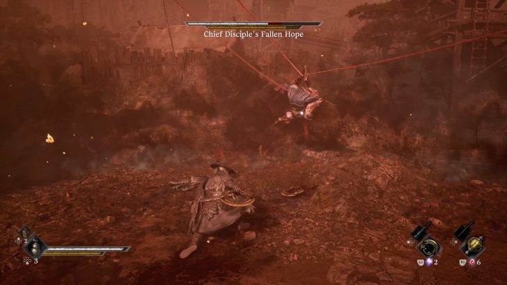 Video game battle scene with Chief Disciple's Fallen Hope health bar on screen.