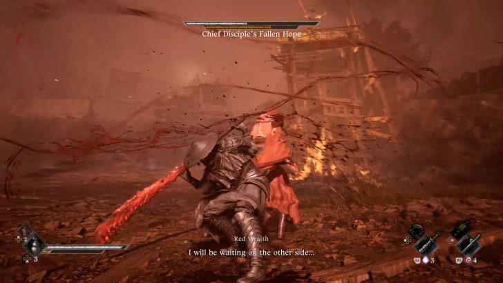 Chief Disciple's Fallen Hope battle screen with text Red Wraith, I will be waiting on the other side...