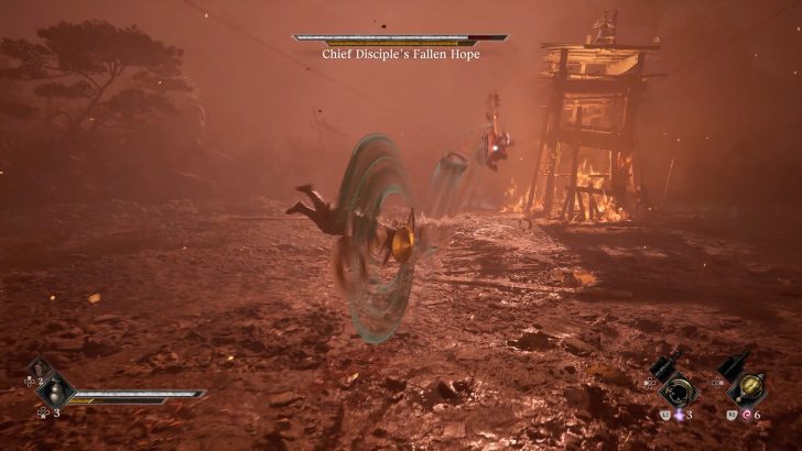 “Chief Disciple's Fallen Hope” in action sequence with burning structure in background.