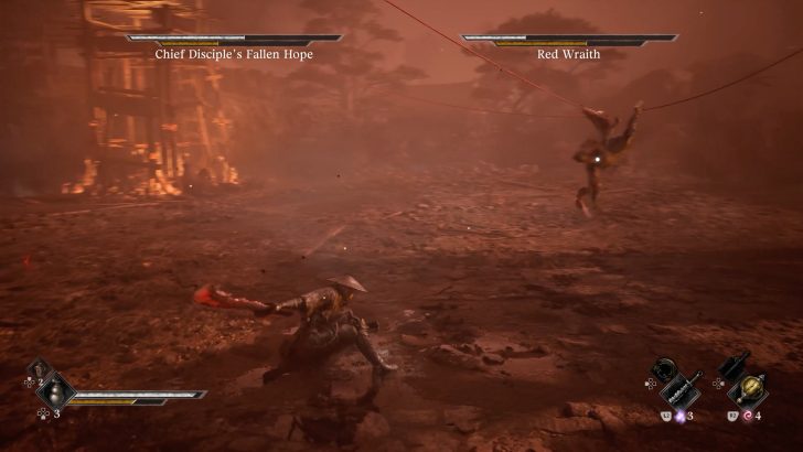 Game scene showing Chief Disciple's Fallen Hope battling Red Wraith with interface elements visible.