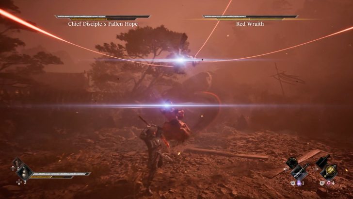 Video game screenshot with Chief Disciple's Fallen Hope and Red Wraith health bars, character in action, and on-screen controls.