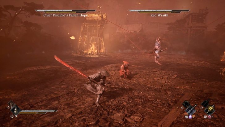 A battle scene in a video game shows Chief Disciple's Fallen Hope versus Red Wraith with HUD elements visible.