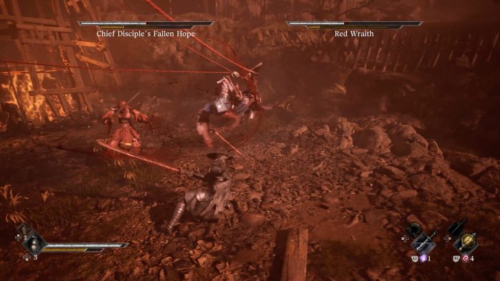 A battle scene in a game with health bars labeled Chief Disciple's Fallen Hope and Red Wraith.