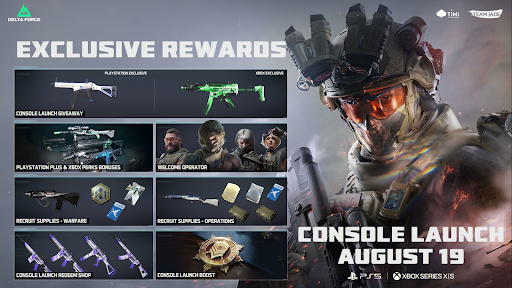 Exclusive rewards and console launch announced for August 19 with gameplay images.