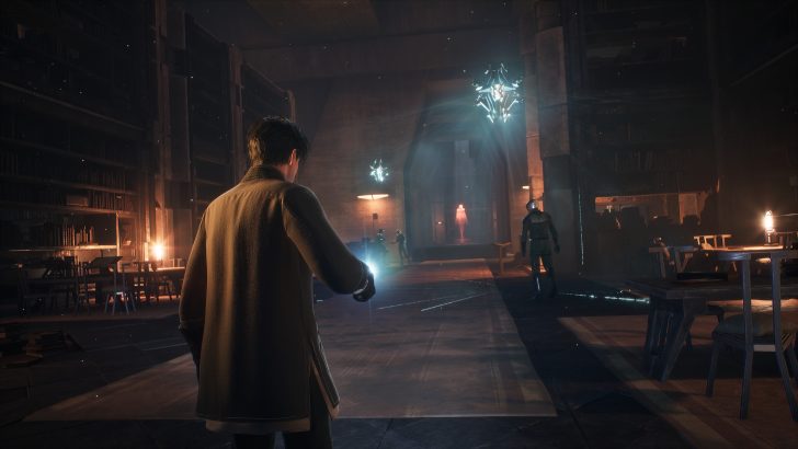 Mystical library scene with a person holding a glowing wand, magical lights illuminating the room.