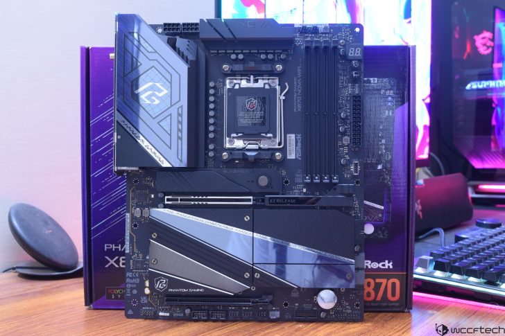 ASRock X670 Nova WiFi motherboard on a table, featuring advanced gaming specs.