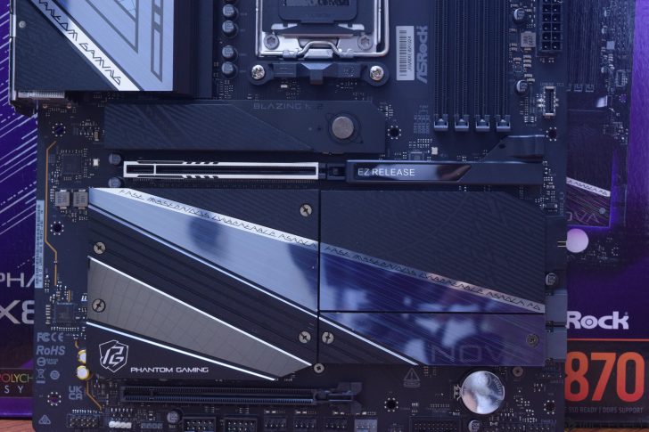 Close-up of ASRock Phantom Gaming motherboard showing PCI slots.