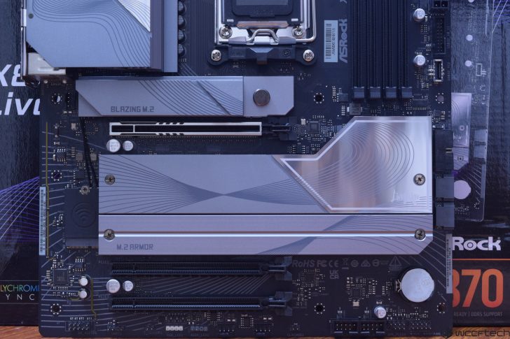 Close-up of a modern motherboard with M.2 slots and PCIe connectors for tech setups.