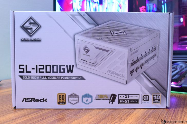 ASRock SL-1200GW Gold, full modular power supply, 1200W, box packaging on desk background.