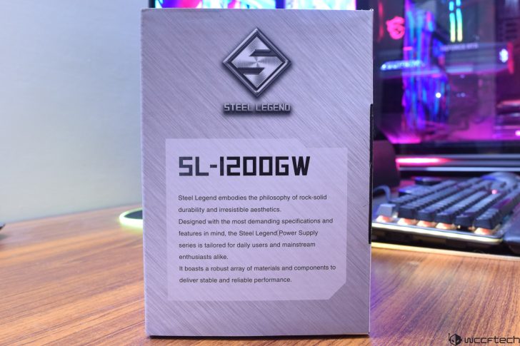 Steel Legend SL-1200GW packaging with gaming keyboard in background.