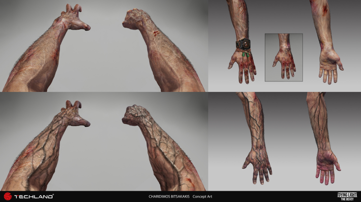 Techland concept art for 'Dying Light The Beast' showing mutated giraffe and human arms.