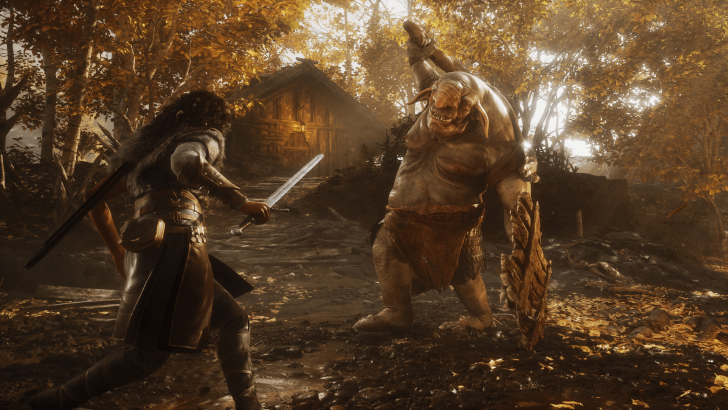 Warrior confronts giant beast in autumn forest, gripping sword for epic battle.