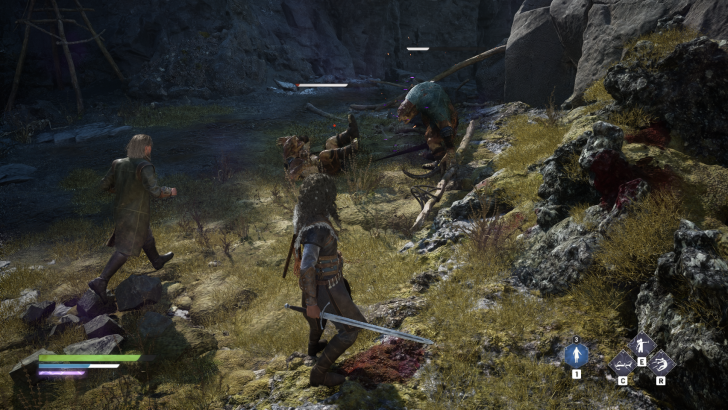 Video game battle scene with characters fighting a giant insect-like creature in a rocky terrain.