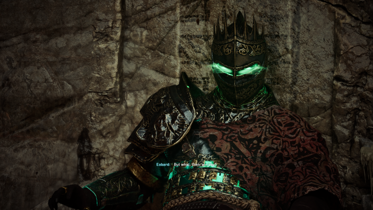Medieval knight with glowing green eyes, ornate armor, and crown, standing against stone wall.