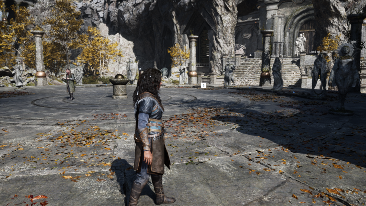 Fantasy warrior explores ancient stone temple surrounded by statues and autumn leaves.