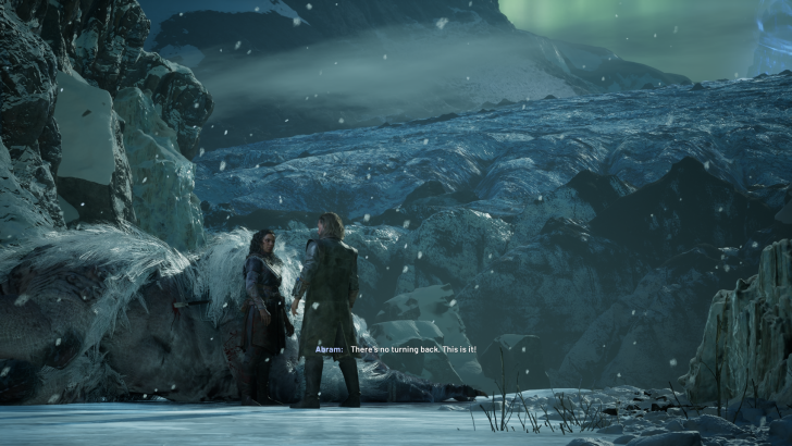 Two adventurers stand in a snowy, icy landscape with a fallen creature.