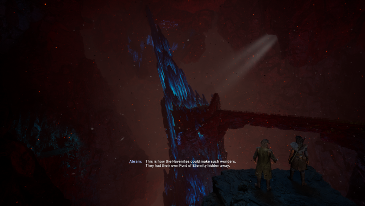 Futuristic cave with glowing crystal tower, two figures observing, mysterious atmosphere.