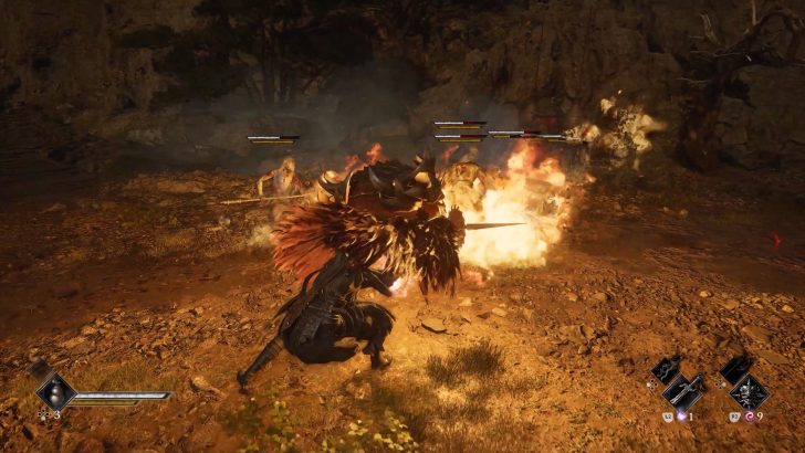 Game battle scene showing a warrior in combat with health bars and command icons visible in the interface.
