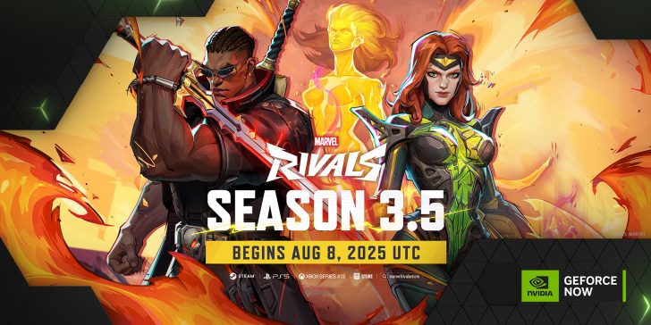 Marvel Rivals Season 3.5 promo featuring heroes, starts Aug 8, 2025, on GeForce NOW.
