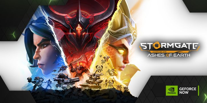 Stormgate: Ashes of Earth game cover art with diverse characters and epic battle scene.