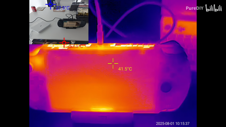 Thermal image of a gaming device showing varying temperatures during operation.