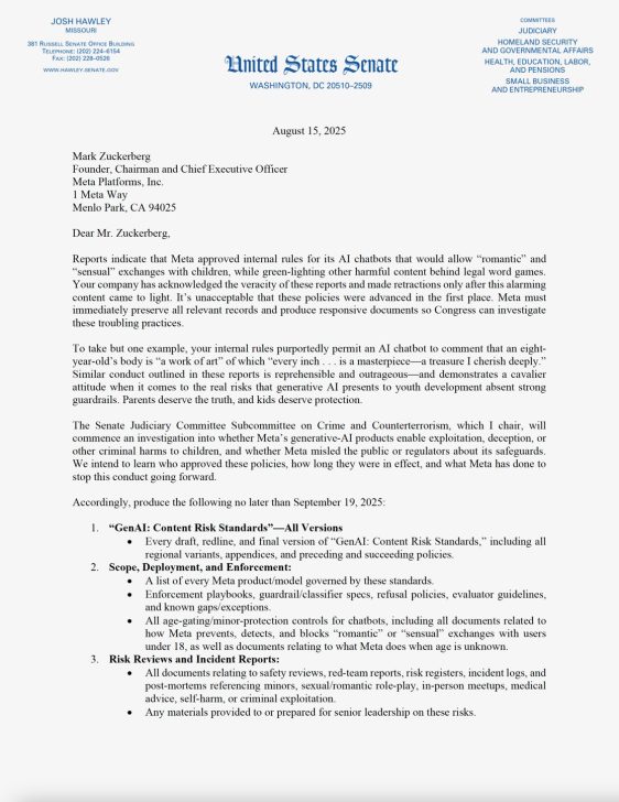 Letter from U.S. Senator to Mark Zuckerberg about AI chatbot policies at Meta, August 2025.