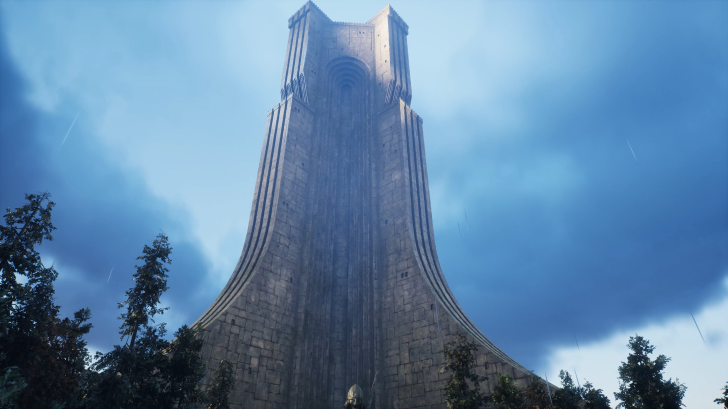 Large stone tower against a cloudy blue sky background.