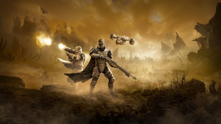 Futuristic soldiers battle in a desolate, alien landscape with flying drones and explosions.