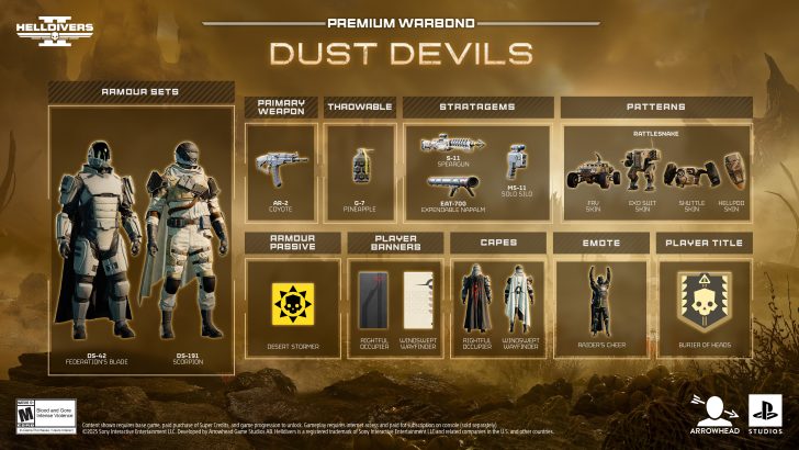 Helldivers Dust Devils DLC: suits, weapons, skins, banners, capes, emotes, player title features.